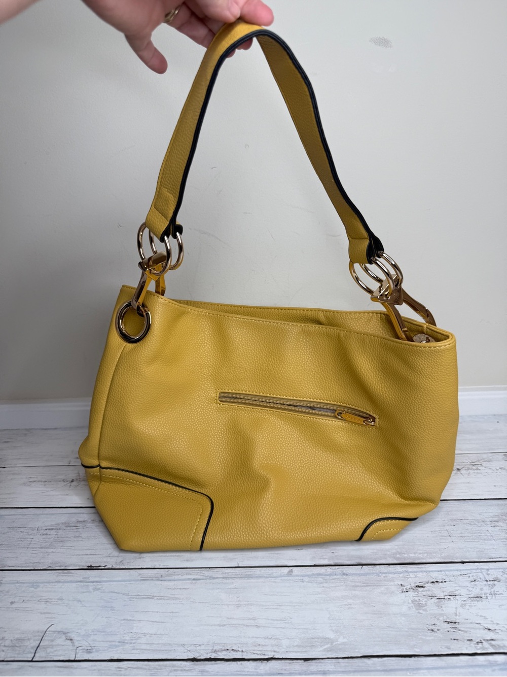 Women’s Yellow Shoulder Bag with Gold Ring Accents
